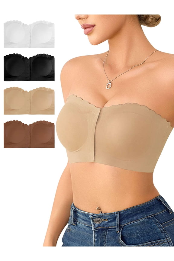 Push Up Strapless Bras for Women Supportive Bandeau Bra Non Slip No Underwire Padded Bra with Front Buckle, Size S-XL