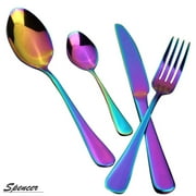Spencer Rainbow Buffet Flatware Set, 4 Piece Stainless Steel Dinner Steak Knife Fork Tea Spoons Utensils Cutlery Service for 1 "Rainbow"