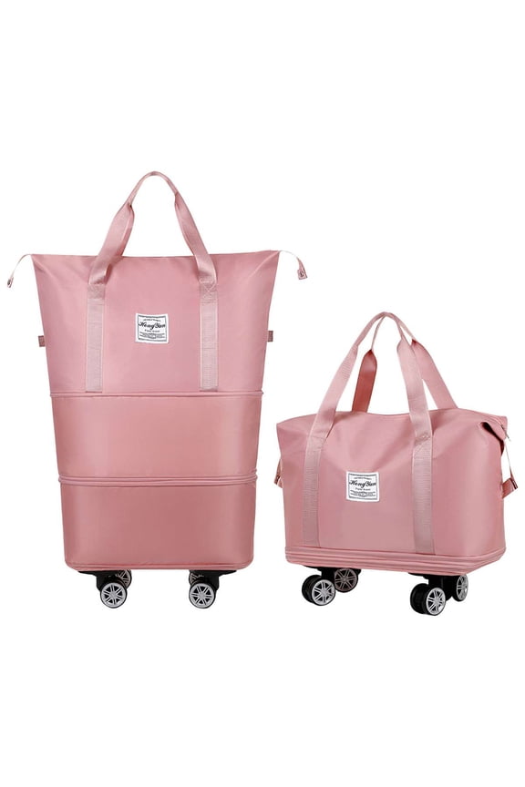 Rolling Duffel Bag with Wheels, 3 Layer Expandable Luggage Bag Foldable Luggage Carry On Bag Weekend Bag with Detachable Wheels for Travel, Pink