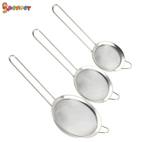 Spencer Set of 3 3.4" Stainless Steel Fine Mesh Strainers Set Liquid Colanders Sieve Sifters Crafted with Handles for Quinoa & Amaranth Kitchen Food,Tea Coffee Powder Fry, Juice