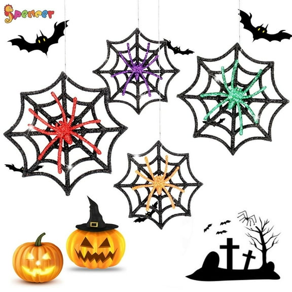 Spencer Set of 4 Glittered Halloween Decorations 3 inch Spider Ornaments on Web for Door Window Wall Indoor Outdoor Party Decorations Supplies Hanging Ornaments (Orange)