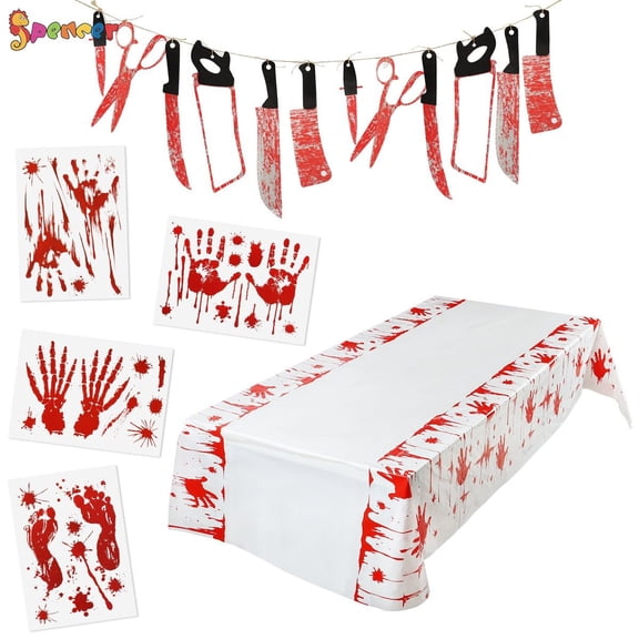 Spencer Set of 6 Scary Party Halloween Decoration Set, Including 1 Bloody Tablecover, 1 Bloody Weapons Props Banner, 4 Bloody Clings Window Stickers Decals for Halloween Haunted House Party Decor