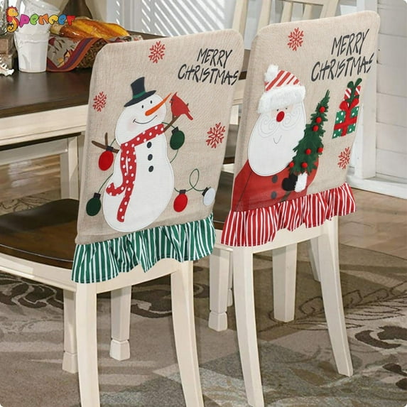 Spencer Set of 2 Christmas Chair Back Covers Snowman Santa Claus Slipcovers for Dining Room Home Holiday Party Decor