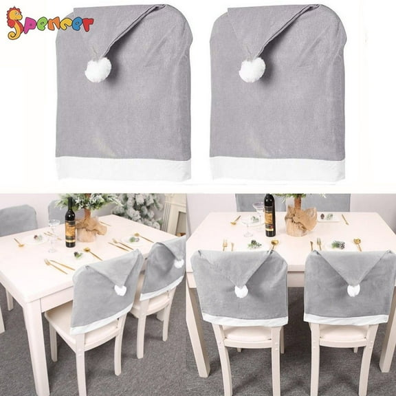 Spencer Set of 2 Christmas Santa Claus Gray Hat Chair Back Covers Dining Chair Slipcovers for Dining Room Christmas Holiday Festive Decor