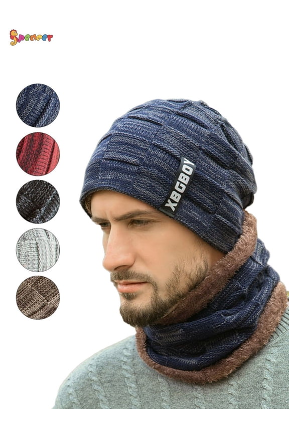 Set of 2 Winter Beanie Hats Scarf Set Warm Knit Hat Fleece Lined Skull Cap for Men Women Kids "Navy"