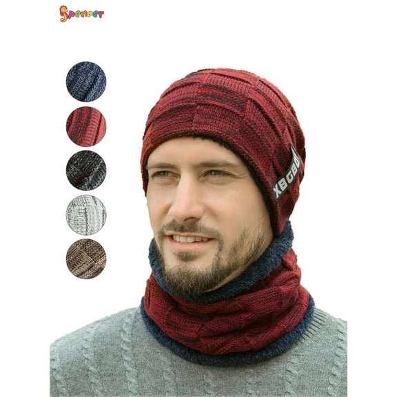 Spencer Set of 2 Winter Beanie Hats Scarf Set Warm Knit Hat Fleece Lined Skull Cap for Men Women Kids "Wine Red"