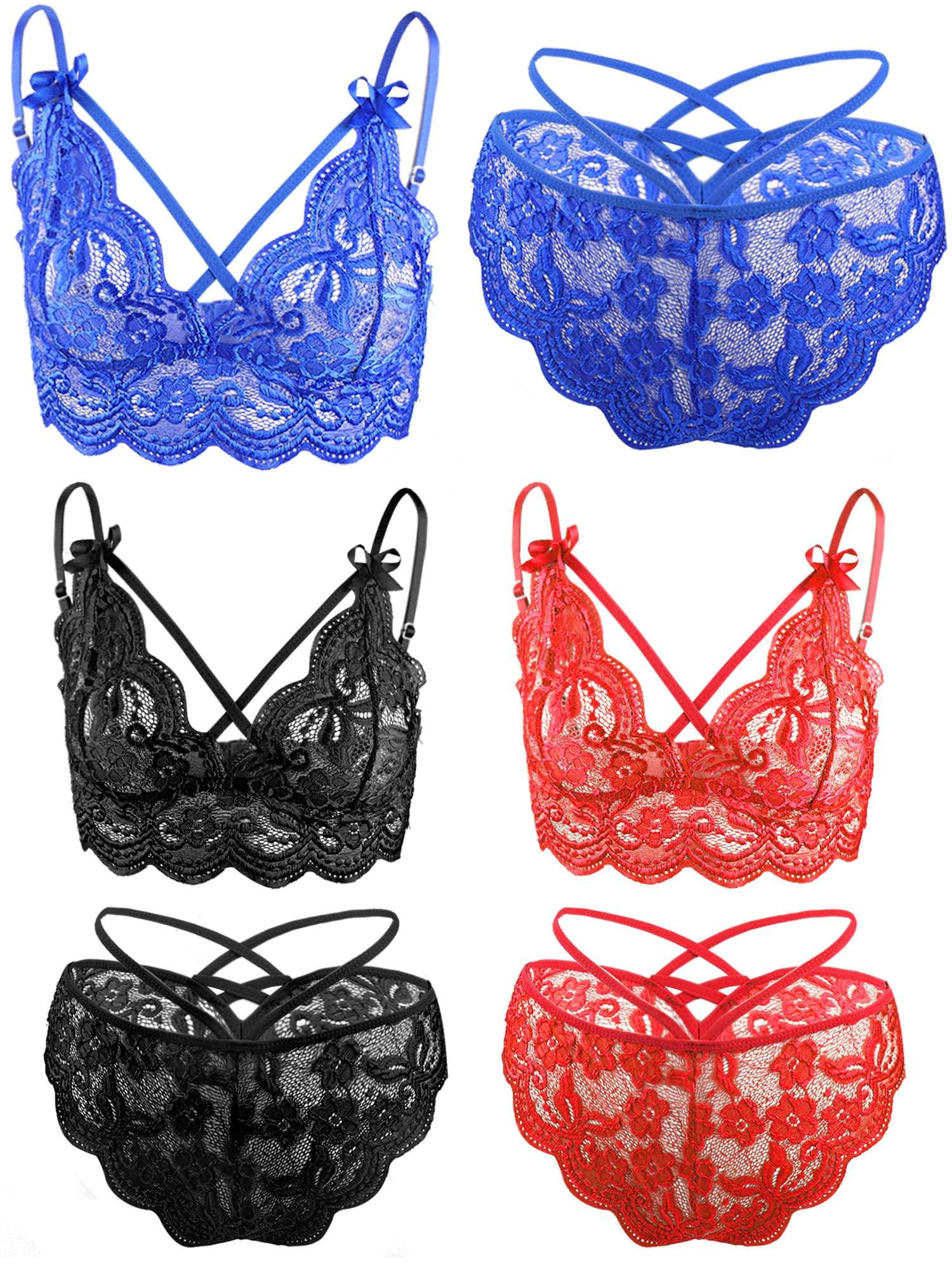 Spencer Sexy Lingerie Set for Women, 2Pcs Floral Lace Strappy Bralette and  Panty Set for Valentine's Day (S/M, Blue)