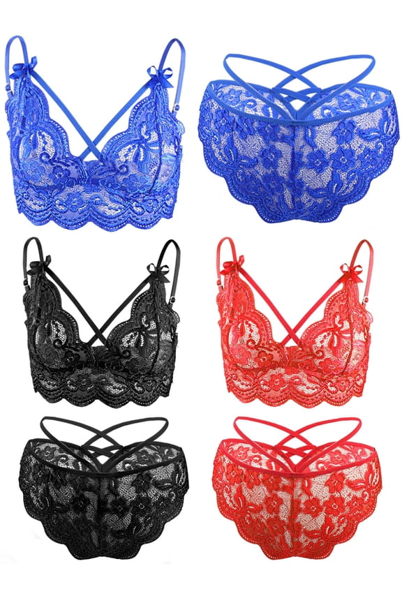 Sexy Lingerie Set for Women, 2Pcs Floral Lace Strappy Bralette and Panty Set for Valentine's Day (S/M, Blue)