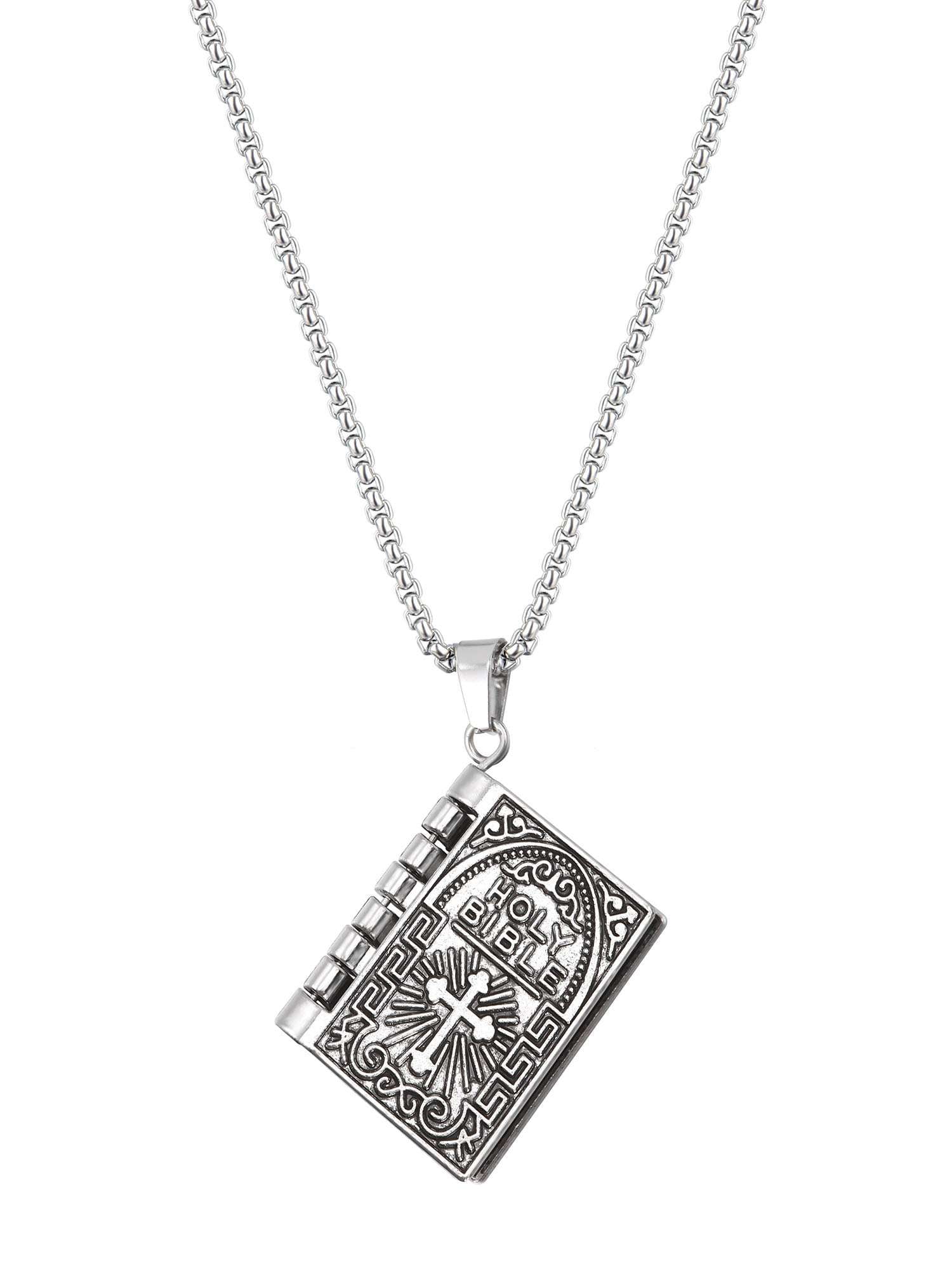 Spencer Silver Cross Holy Bible Book Pendant Necklace Openable Prayer Bible Verse Religious
