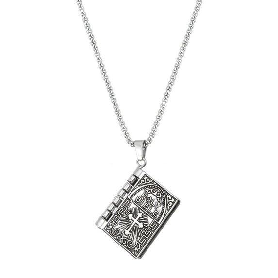 Spencer Silver Cross Holy Bible Book Pendant Necklace Openable Prayer Bible Verse Religious Christian Necklace for Men and Women