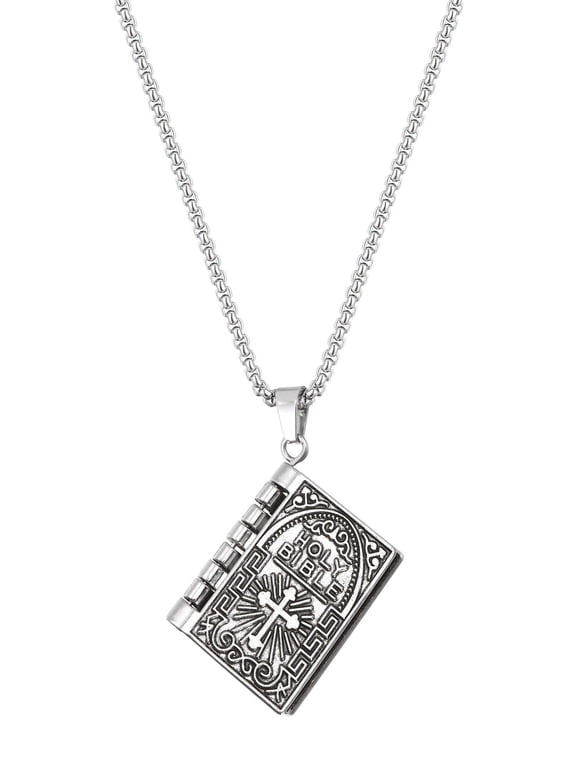 Silver Cross Holy Bible Book Pendant Necklace Openable Prayer Bible Verse Religious Christian Necklace for Men and Women