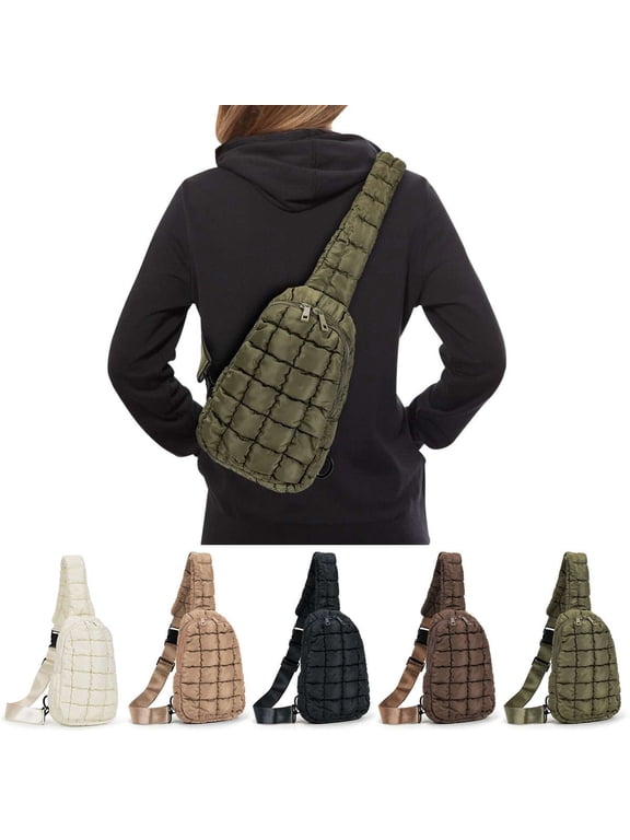 Sling Backpacks Small Puffer Sling Bag for Women Men Quilted Fashion Waist Packs Puffy Crossbody Bag Chest Bag for Travel, Khaki