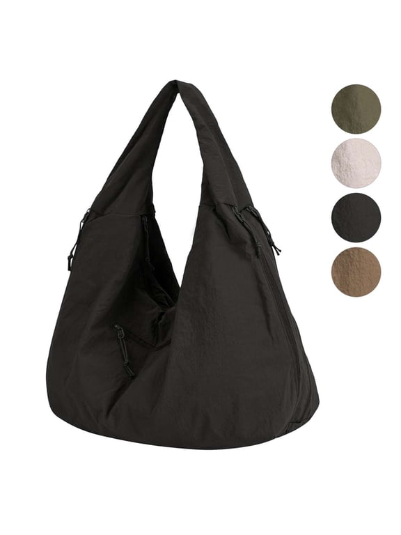 Slouchy Tote Bag with Multiple Pockets Nylon Large Capacity Shoulder Bag Solid Pleated Casual Hobo Handbags for Women, Black