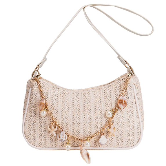 Spencer Small Hobo Bag Purses Straw Handbag for Women Top Handle Tote Handbag with Zipper Ladies Shoulder Bag, White