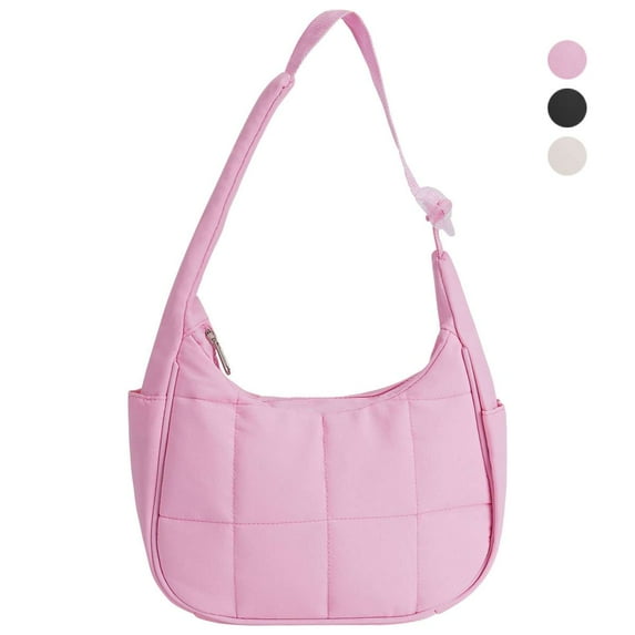 Spencer Small Puffer Crescent Underarm Shoulder Bag for Women, Nylon Quilted Purses Hobo Handbag with Adjustable Strap Crescent Clutch, Pink