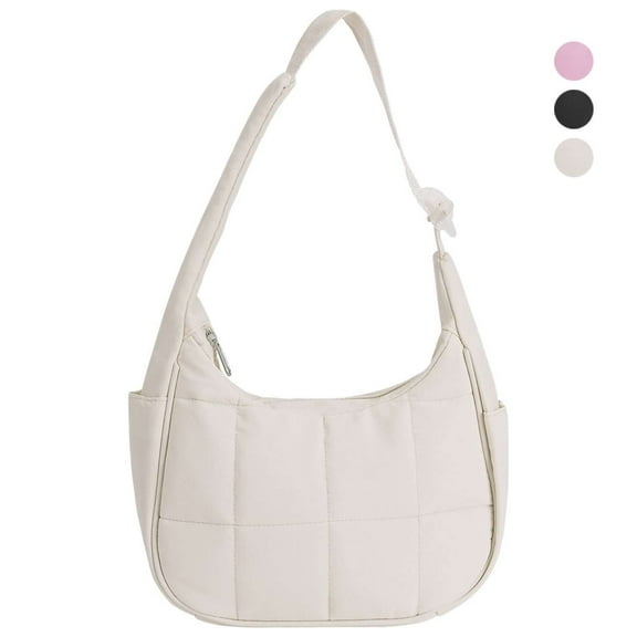 Spencer Small Puffer Crescent Underarm Shoulder Bag for Women, Nylon Quilted Purses Hobo Handbag with Adjustable Strap Crescent Clutch, White
