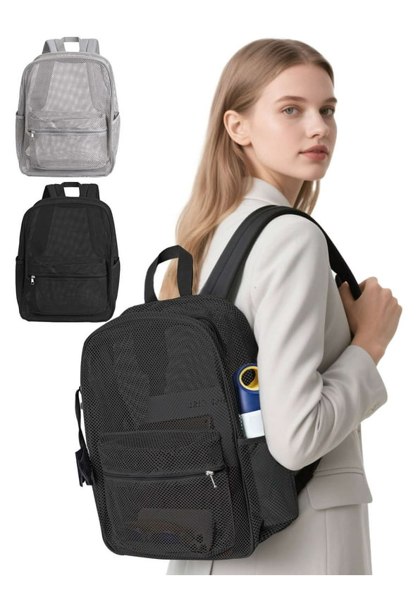Solid Color Semi-Transparent See Through Mesh Backpack Stadium Approved Backpack for Travel Beach Outdoor Sports, Gray