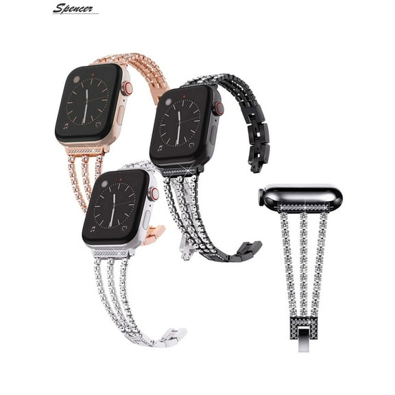Spencer Stainless Steel Bling Replacement Bands Rhinestone Strap Wristband Compatible Apple Watch iWatch Bands for Series 7 6 5 4 3 2 1 42mm/44mm "Black"