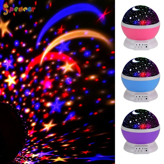 Spencer Star Moon LED Night Light Projector, 360 Degree Rotating Night Lighting Lamp 4 LED Bulbs Changing Light Bedroom Living Room Decor Gift for Women Children Kids "Blue"