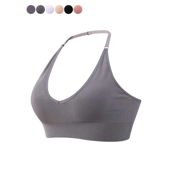 Spencer Strappy Bra Sports Bras for Women, Halter Neck Backless Padded Impact Strappy Bra Workout Gym Yoga with Removable Cups, Gray