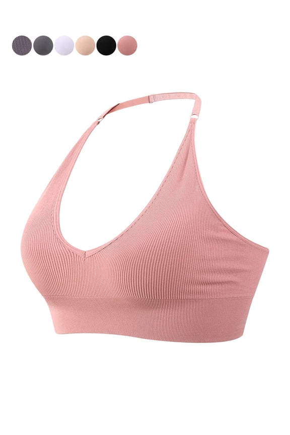 Strappy Bra Sports Bras for Women, Halter Neck Backless Padded Impact Strappy Bra Workout Gym Yoga with Removable Cups, Pink