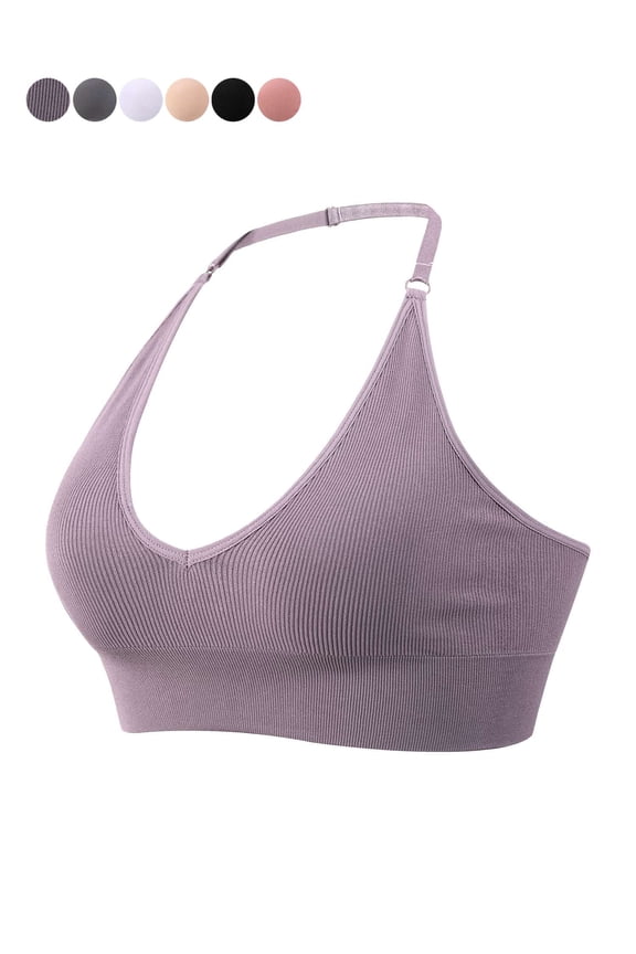 Strappy Bra Sports Bras for Women, Halter Neck Backless Padded Impact Strappy Bra Workout Gym Yoga with Removable Cups, Purple