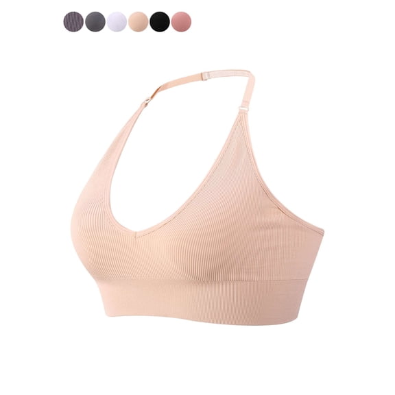 Spencer Strappy Bra Sports Bras for Women, Halter Neck Backless Padded Impact Strappy Bra Workout Gym Yoga with Removable Cups, Skin