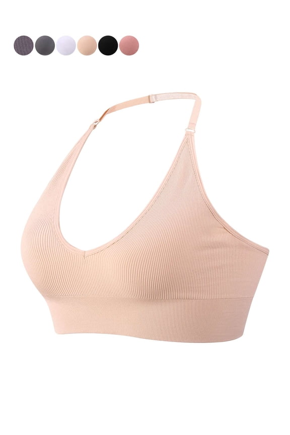 Strappy Bra Sports Bras for Women, Halter Neck Backless Padded Impact Strappy Bra Workout Gym Yoga with Removable Cups, Skin