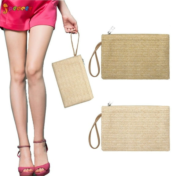 Spencer Straw Clutch Bag Bohemian Zipper Wristlet Wallet Summer Beach Handbag for Women Girls (9.4"*6.1",Beige)