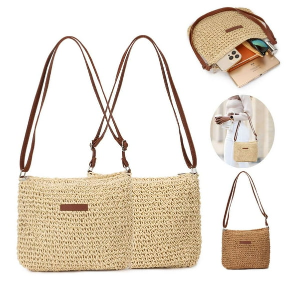 Spencer Straw Crossbody Bag for Women Beach Woven Shoulder Bag Girls Messenger Bag Casual Satchel Handbag Purse Summer (Beige)