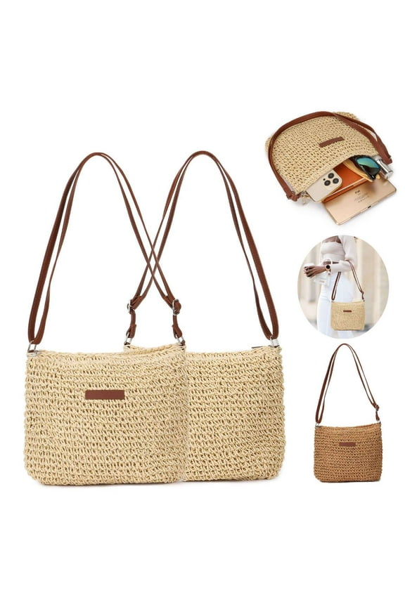 Straw Crossbody Bag for Women Beach Woven Shoulder Bag Girls Messenger Bag Casual Satchel Handbag Purse Summer (Khaki)