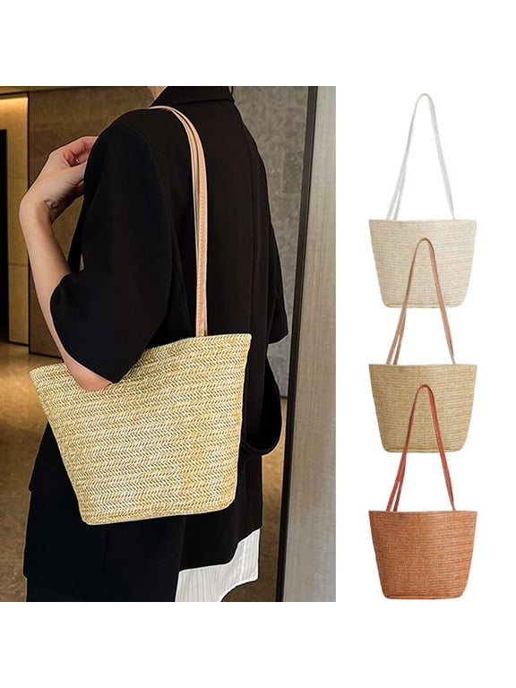 Straw Tote Bag for Women Shoulder Purses Buckets Handbag for Summer Beach Travel Vacation (Khaki)