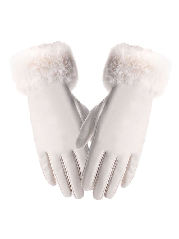 Suede Winter Gloves for Women, Touchscreen Waterproof Windproof Gloves Cold Weather Warm Thermal Gloves with Faux Fur Cuff (White)