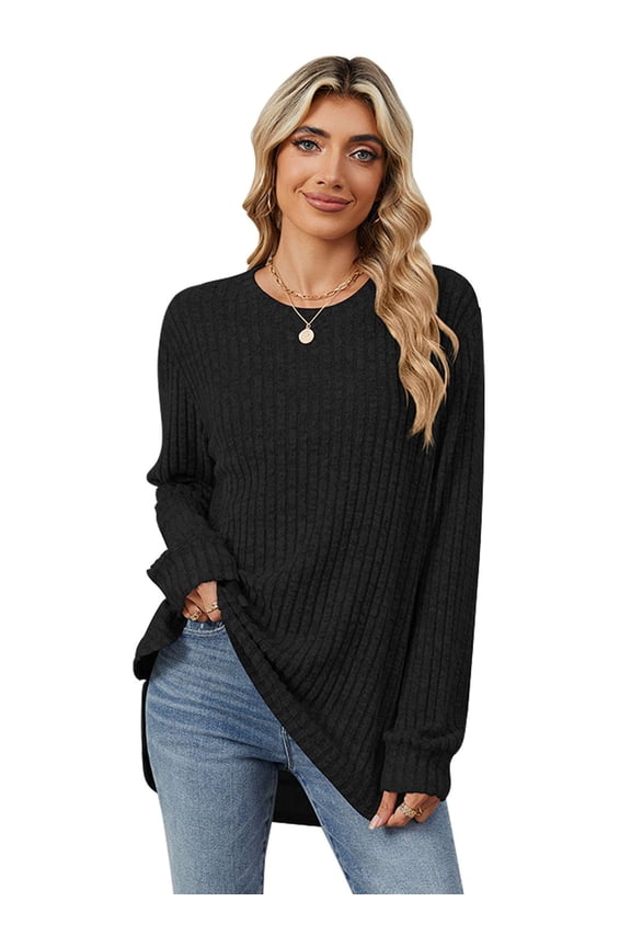 Sweatshirts for Women Long Sleeve Crew Neck T Shirt Casual Ribbed Pullover Fall Winter Blouse Loose Tunic Tops (S, Black)