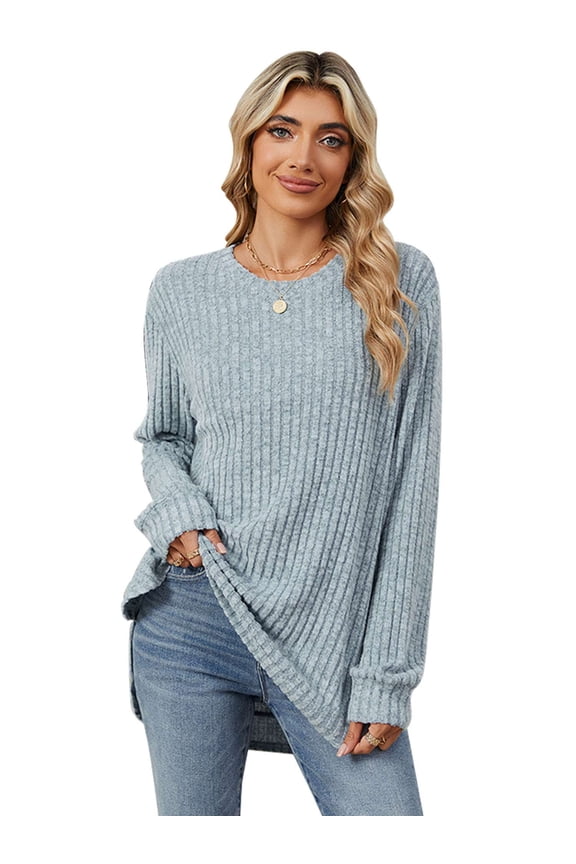 Sweatshirts for Women Long Sleeve Crew Neck T Shirt Casual Ribbed Pullover Fall Winter Blouse Loose Tunic Tops (S, Blue)