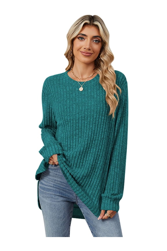 Sweatshirts for Women Long Sleeve Crew Neck T Shirt Casual Ribbed Pullover Fall Winter Blouse Loose Tunic Tops (S, Green)