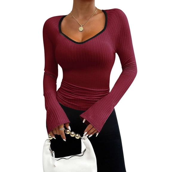 Spencer T Shirts for Women V Neck Long Flare Sleeve Womens Shirts Casual Rib Slim Fit Tops Basic Tee Winter Fall Clothes, Sizes S-XL