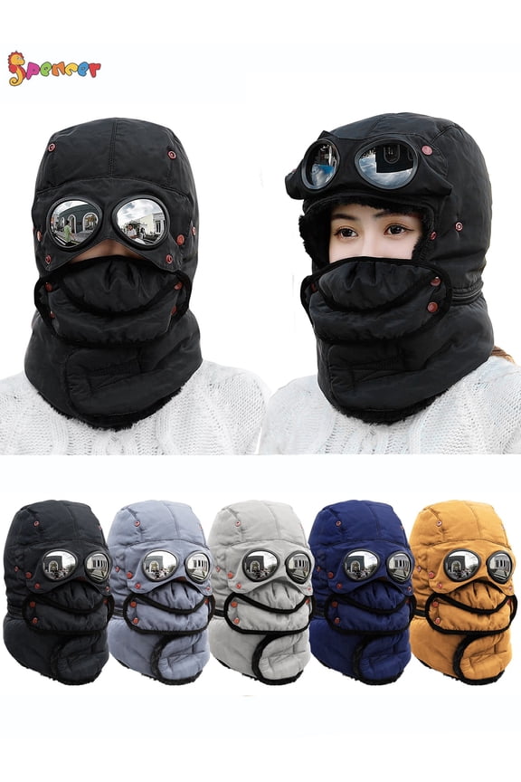 Thermal Windproof Trapper Hats with Glasses Winter Ski Hunting Trooper Hat Warm Ear Flaps and Mask Cycling Outdoor Caps for Men Women