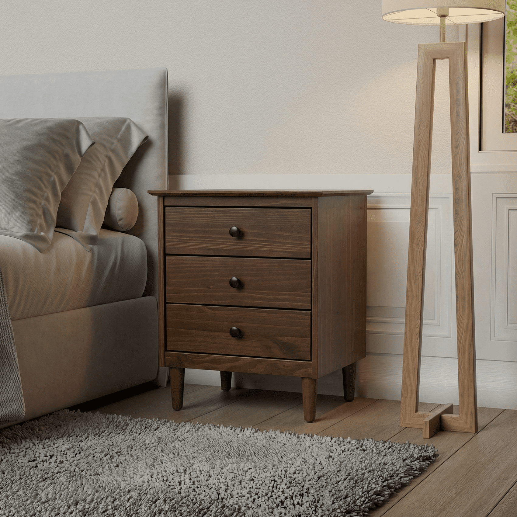 Spencer Three Drawer Solid Wood Nightstand Walnut - for Adults and Teens