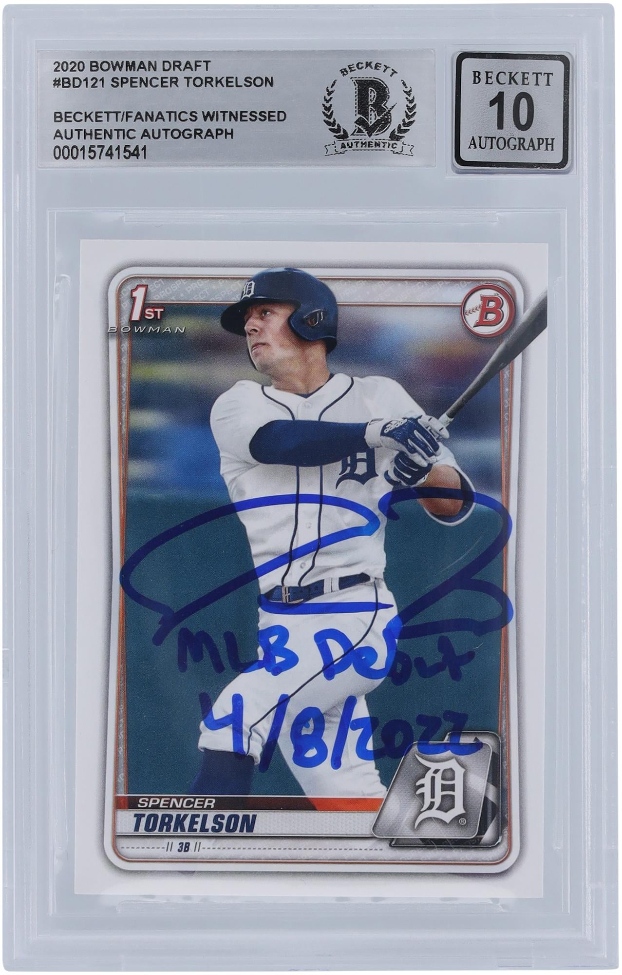 Spencer Torkelson Detroit Tigers Autographed 2020 Bowman Draft #BD-121 Beckett Fanatics Witnessed Authenticated 10 Rookie Card with "MLB Debut 4/8/2022" Inscription - Fanatics Authentic Certified