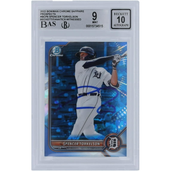 Spencer Torkelson Detroit Tigers Autographed 2022 Bowman Chrome Sapphire #BCP6 Beckett Fanatics Witnessed Authenticated 9/10 Rookie Card - Fanatics Authentic Certified