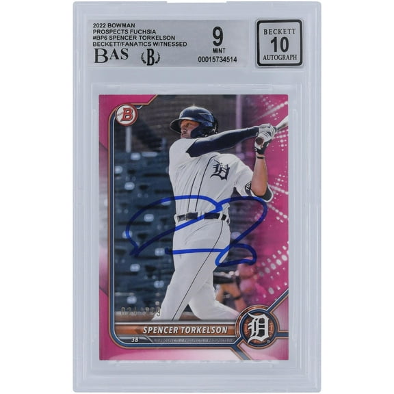 Spencer Torkelson Detroit Tigers Autographed 2022 Bowman Fuchsia #BP6 #/299 Beckett Fanatics Witnessed Authenticated 9/10 Rookie Card - Fanatics Authentic Certified