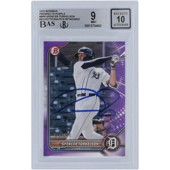 Spencer Torkelson Detroit Tigers Autographed 2022 Bowman Purple #BP6 #/250 Beckett Fanatics Witnessed Authenticated 9/10 Rookie Card - Fanatics Authentic Certified