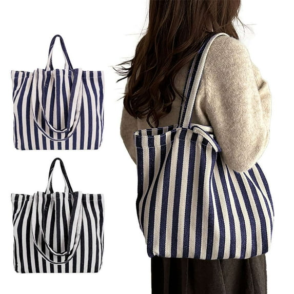 Spencer Tote Bag Large for Women Lady Canvas Shoulder Cord Purse and Handbags Striped Tote Satchel for Work Travel Beach, Blue