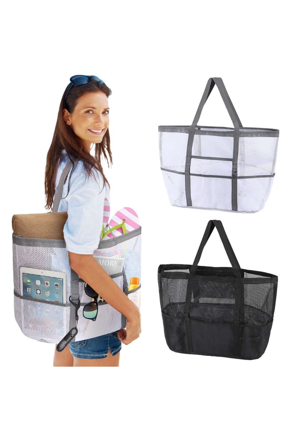 Tote Bag for Women, Beach Bag, Mesh Beach Bag Oversized Beach Tote with Multipockets, 15.7x7.9x14.2 Inch, White
