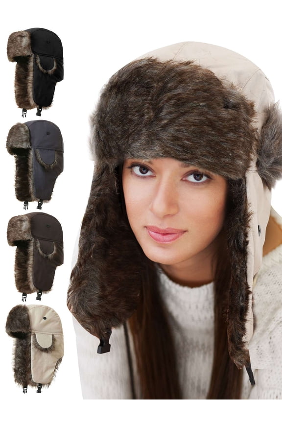 Trapper Hat Winter Hats for Women Men with Faux Fur Ear Flaps, Windproof Russian Trooper Hat Skiing Cap, Black