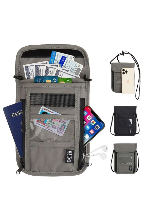 Travel Neck Wallet RFID Blocking Passport Holder Nylon Neck Pouch for Men and Women, Black