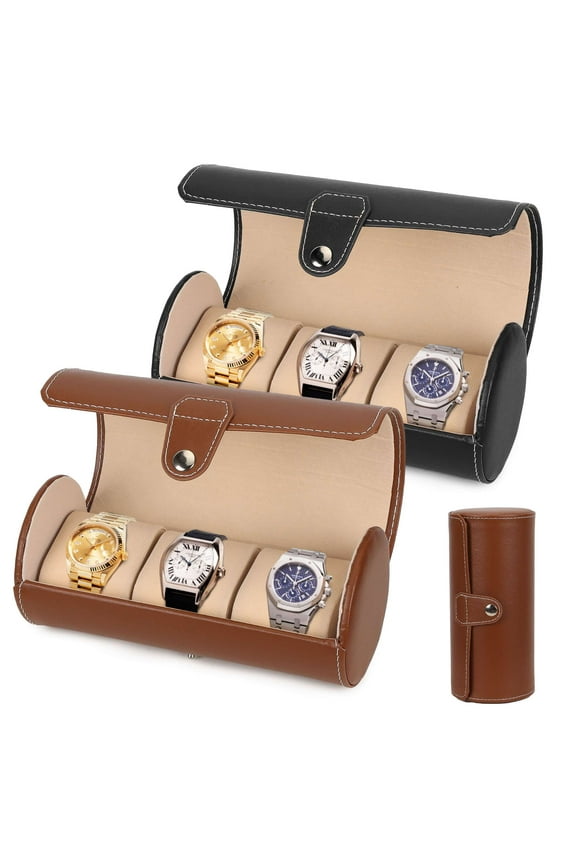 Watch Box 3-Slot Wrist Watch Box Jewelry Storage Display Case Organizer Leather Travel Watch Case for Men Women, Brown