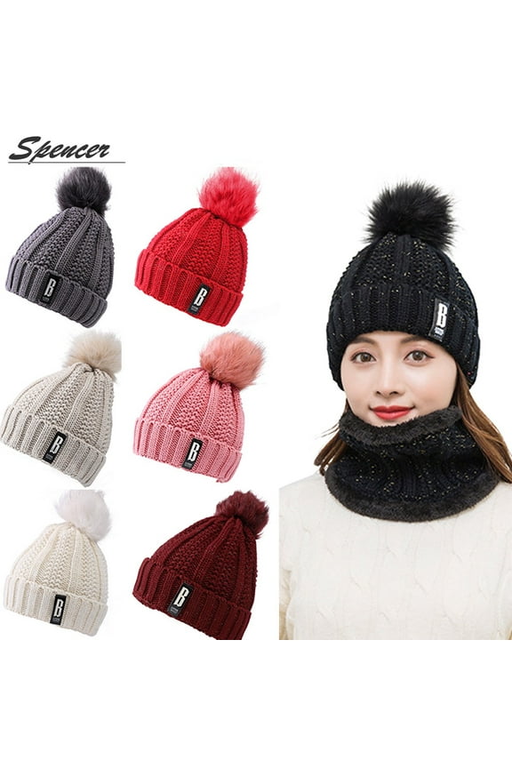 Winter 2Pcs Pom Pom Cable Beanie Hat Scarf Set Soft Warm Knit Ski Cap Thick Neck Scarf for Women "White"