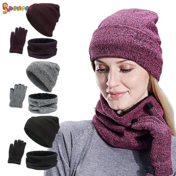 Spencer Winter 3PCS Beanie Hat Gloves Scarf for Men and Women, Knit Fleece Lined Warm Touchscreen Gloves Beanie Infitiny Scarf Set (Gray)